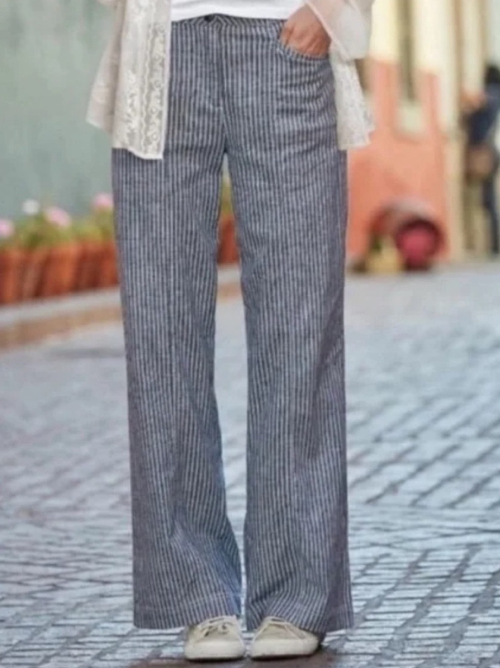 Sundance Casual Women's WideLeg Striped 100%Linen Pants Gray/Blue Tint Sz P8 NWT